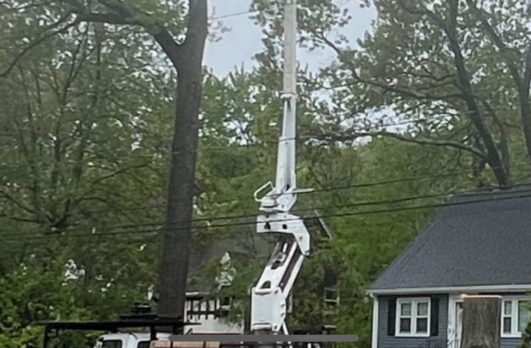TriTown Group bucket truck removing a tree beside a home